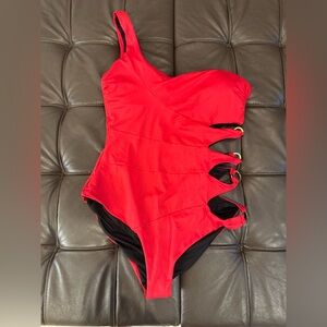 Sexy Red One Piece Swimsuit with side cut outs and metal accents - size 14